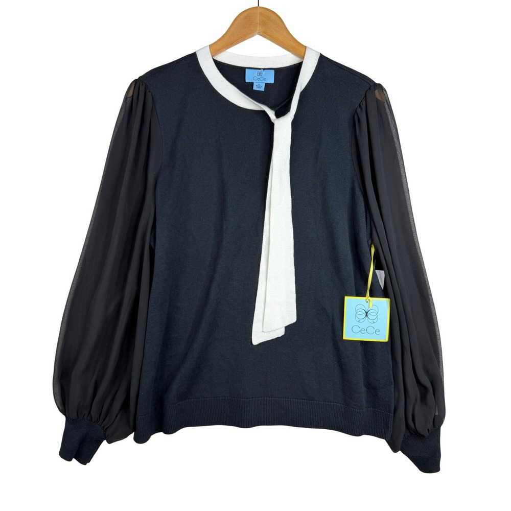 NWT CeCe Colorblock Tie Neck Long Sleeve Blouse size XL Black/White